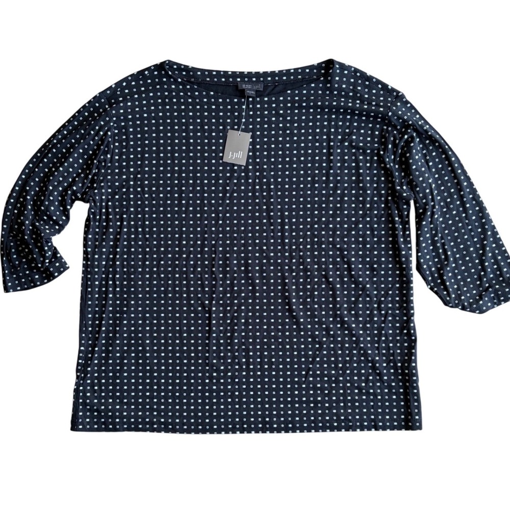 J. Jill Wearever Diamond Dot‎ Top Womens Large Black White 3/4 Sleeve Boat Neck